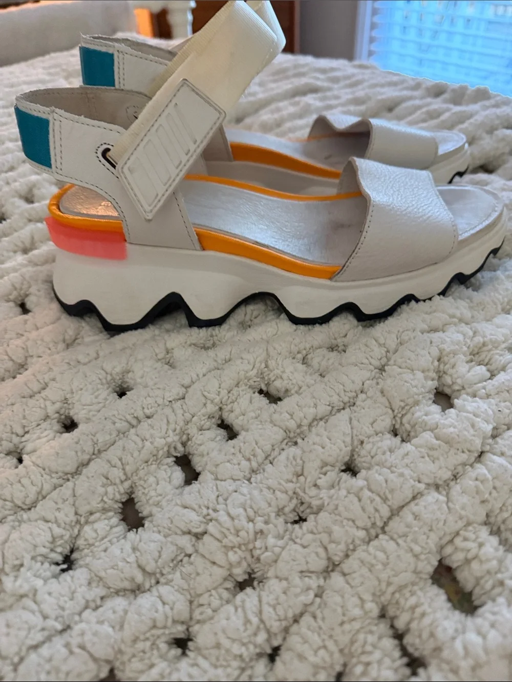 Sorel White Sandal with Orange and Teal Accents